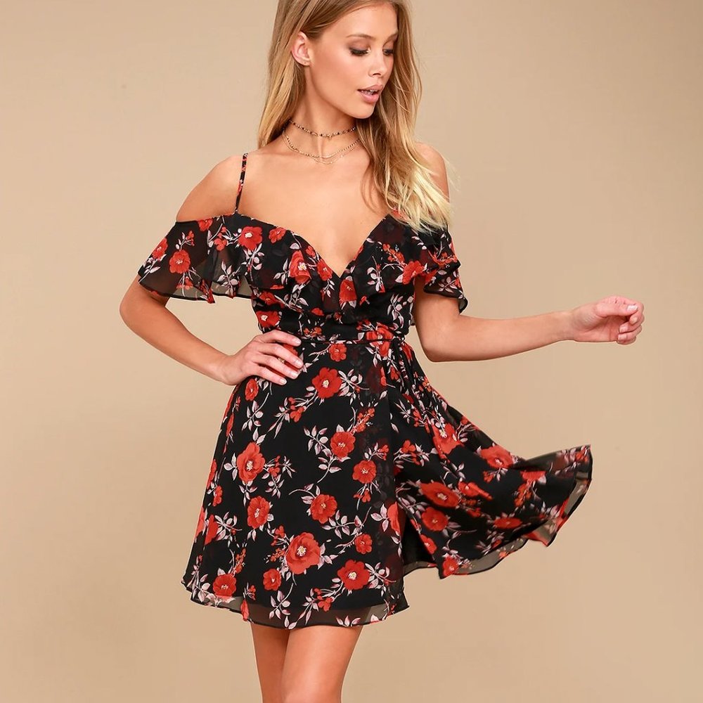 Devoted to Love Black Floral Print Wrap Dress